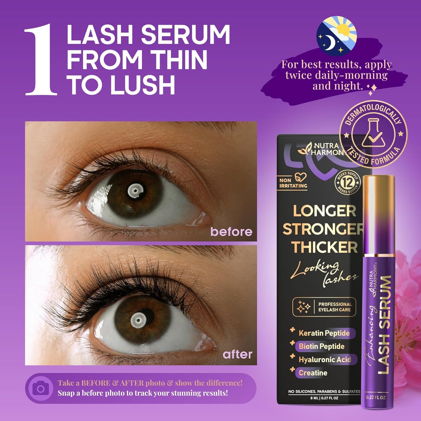 Lash Serum for Eyelash Growth Pro Treatment with Keratin, Biotin & Peptides, Hyaluronic Acid, Creatine & Castor Oil