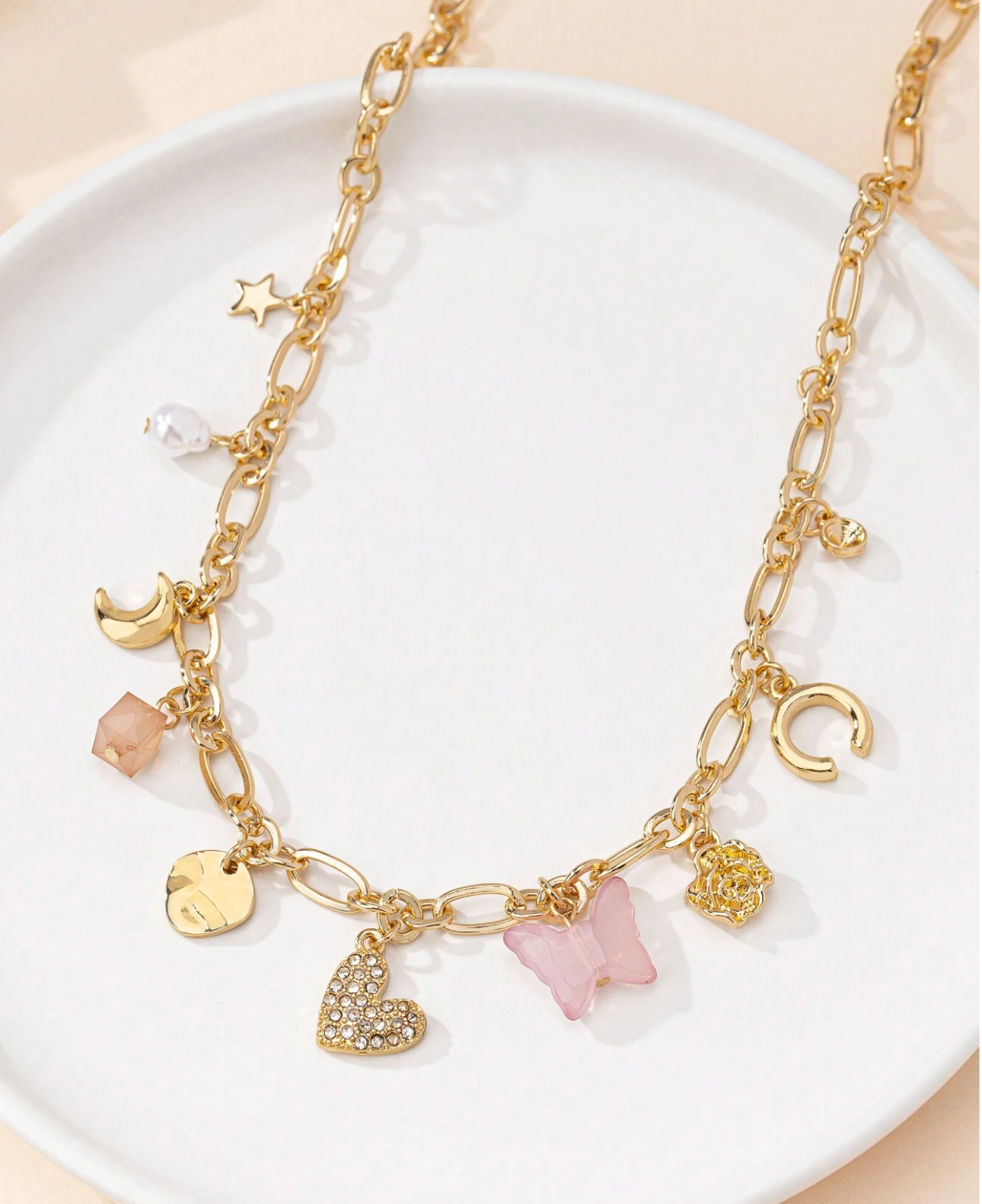 Trendy Gold Chain Necklace with Heart, Butterfly, Moon Pendants for Women, Teens, Girls