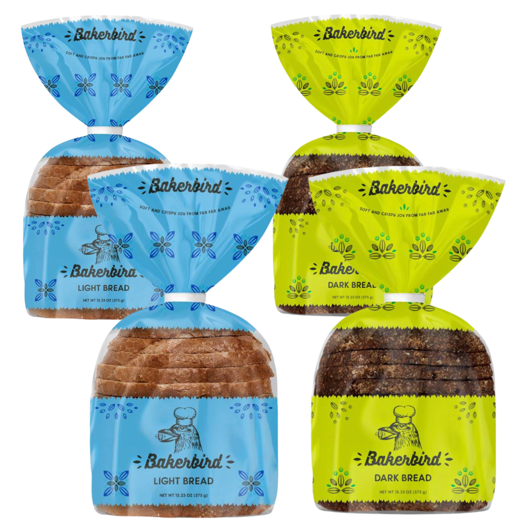 Bakerbird European Rye Bread Variety Set, Light Bread & Dark Bread, Lithuanian Style, Soft & Moist, Rye Malt & Caraway Seeds, 13.23 oz Each