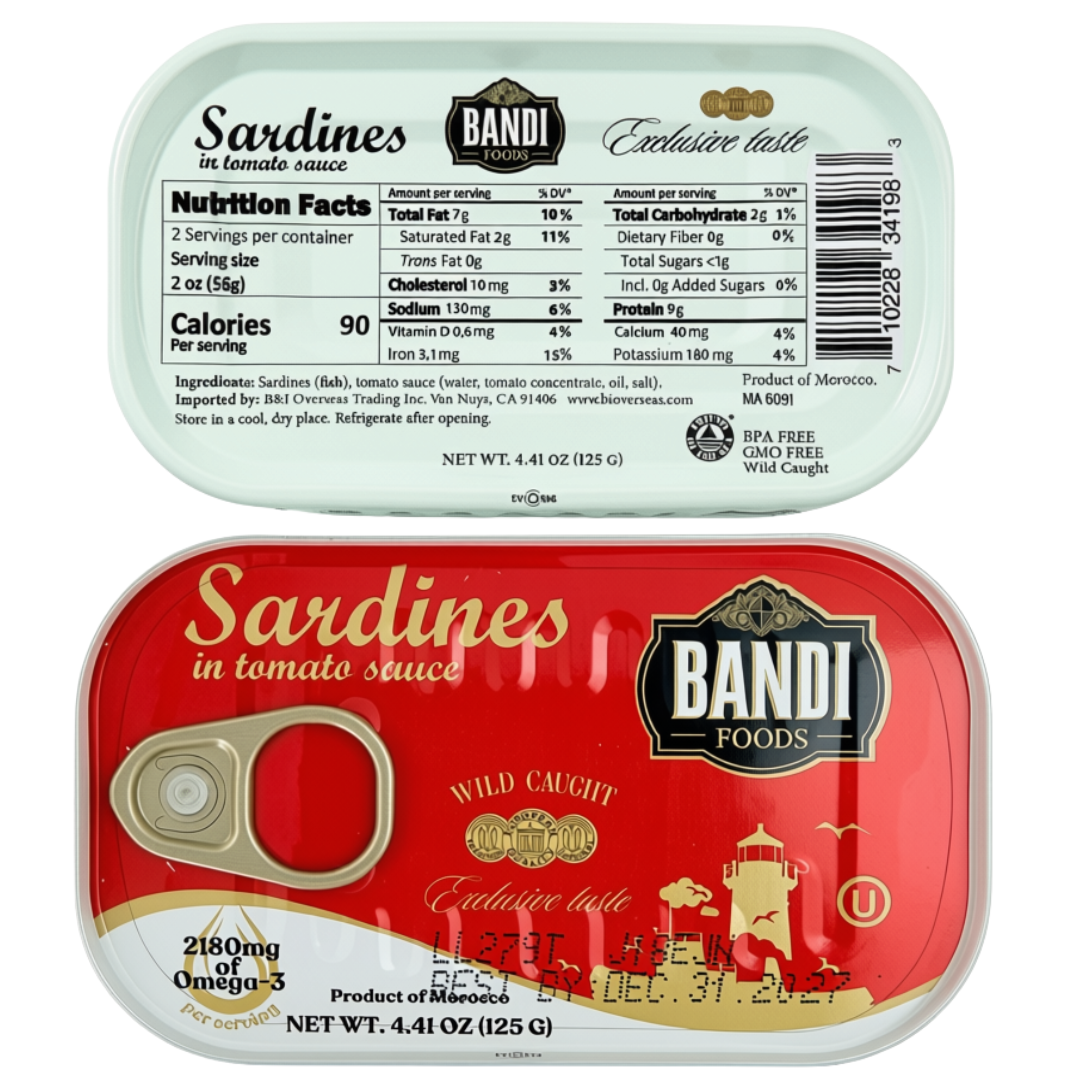 Bandi Foods Wild Caught Sardines Variety Pack, Tomato Sauce and Vegetable Oil, 4.41 oz Each, 6 Pack