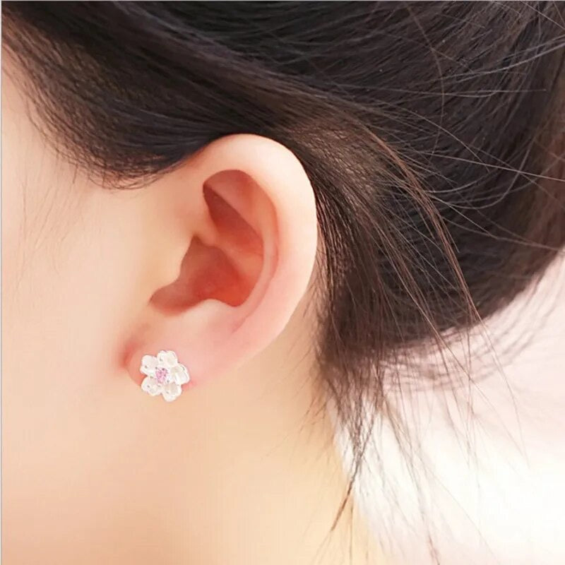 925 Silver Jewelry Sterling Silver Earrings Cherry Blossom Inlaid Pink Zircon Ear Studs for Women and Girls