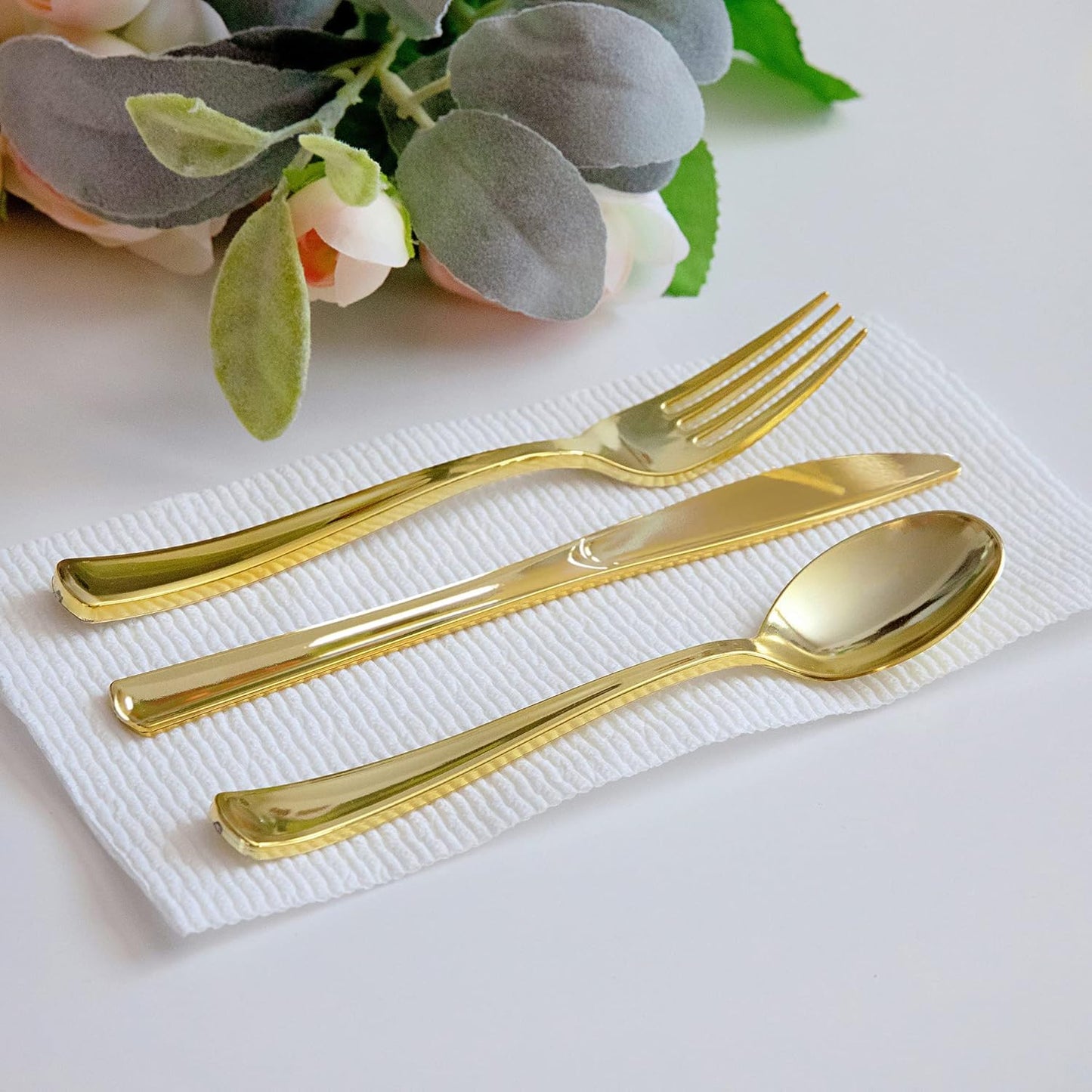 Premium Gold Plastic Silverware Set, Heavy-Duty Disposable Flatware – BPA Free Forks, Knives & Spoons for Parties & Events