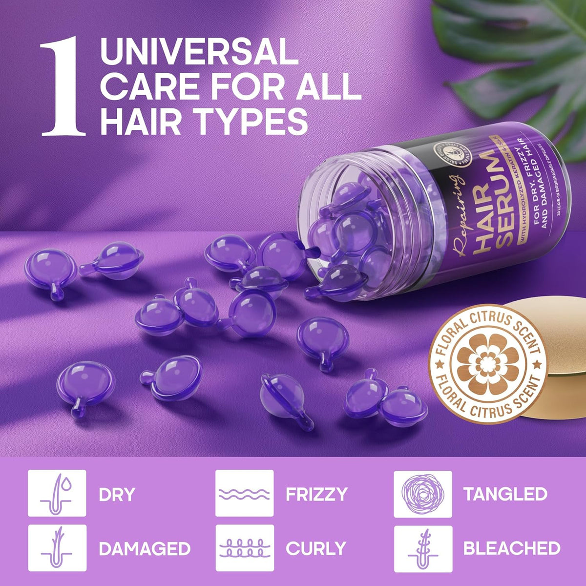 Hair Vitamins Oil Capsules for Frizzy & Damaged Hair, Keratin Treatment with Argan, Silk Protein, Jojoba, Coconut & Avocado Oils, Vitamins A, E, B5