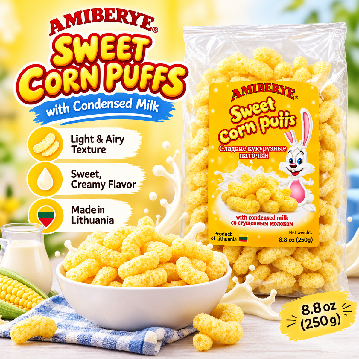 AMBERYE Sweet Corn Puffs with Condensed Milk, Sweet Puffed Corn Snack, Lithuanian Snack, 8.8 oz (250 g)