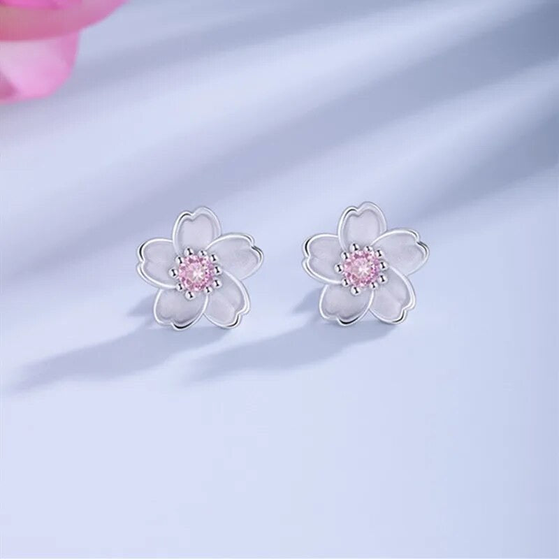 925 Silver Jewelry Sterling Silver Earrings Cherry Blossom Inlaid Pink Zircon Ear Studs for Women and Girls