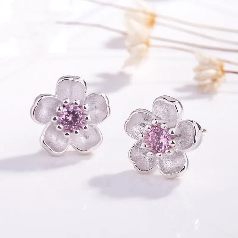 925 Silver Jewelry Sterling Silver Earrings Cherry Blossom Inlaid Pink Zircon Ear Studs for Women and Girls