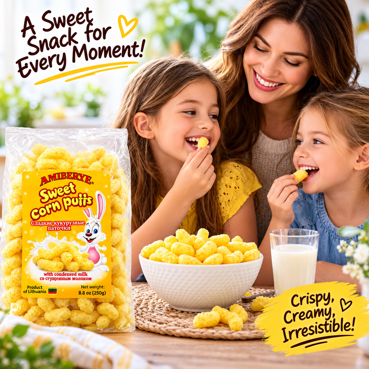 AMBERYE Sweet Corn Puffs with Condensed Milk, Sweet Puffed Corn Snack, Lithuanian Snack, 8.8 oz (250 g)