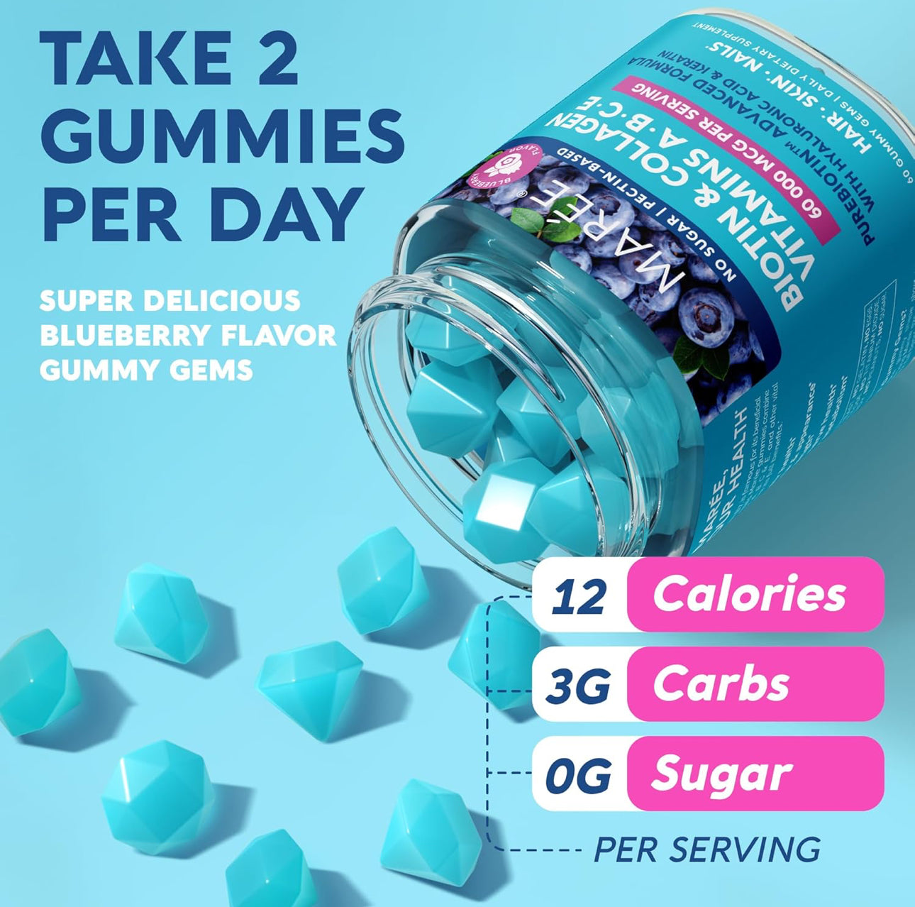 Hair, skin and nails no-sugar vitamins, 60 gummy gems