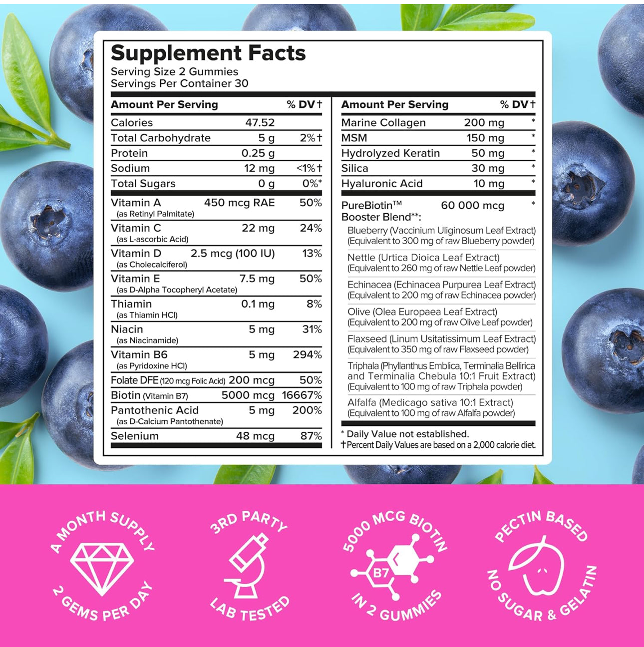 Hair, skin and nails no-sugar vitamins, 60 gummy gems