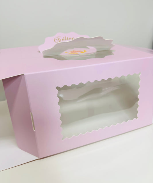 Pink Sturdy Cake Box with Clear Window and Carrying Handles on top, Golden quotes