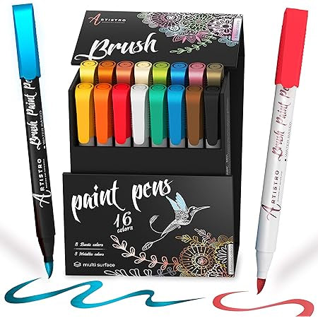 Acrylic Brush Markers Set, 16 Colors with Metallic & Classic Shades, Flexible Nylon Brush Tip 1–3 mm, Multi-Surface Paint Pens for Rock, Glass, Ceramic, Wood, Fabric