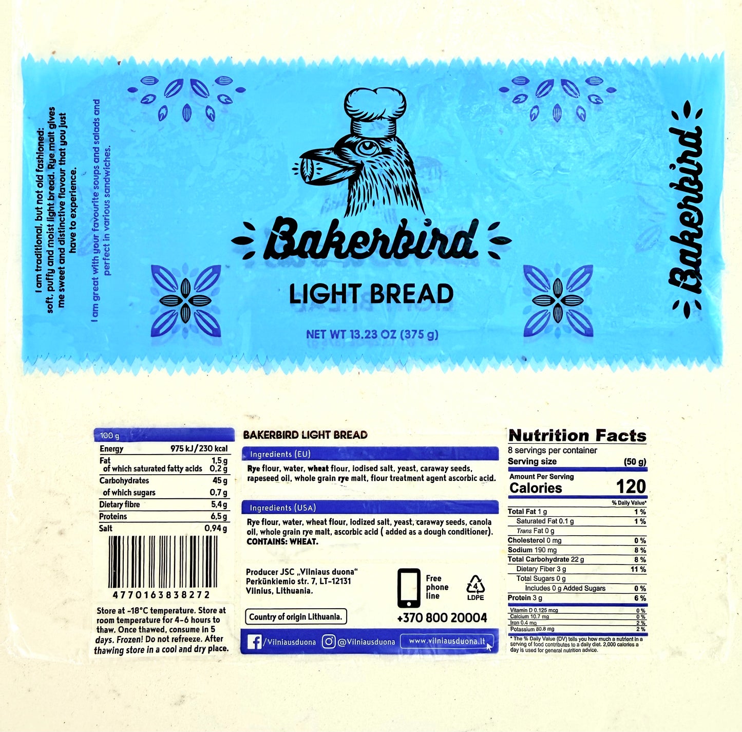 Bakerbird European Rye Bread Variety Set, Light Bread & Dark Bread, Lithuanian Style, Soft & Moist, Rye Malt & Caraway Seeds, 13.23 oz Each