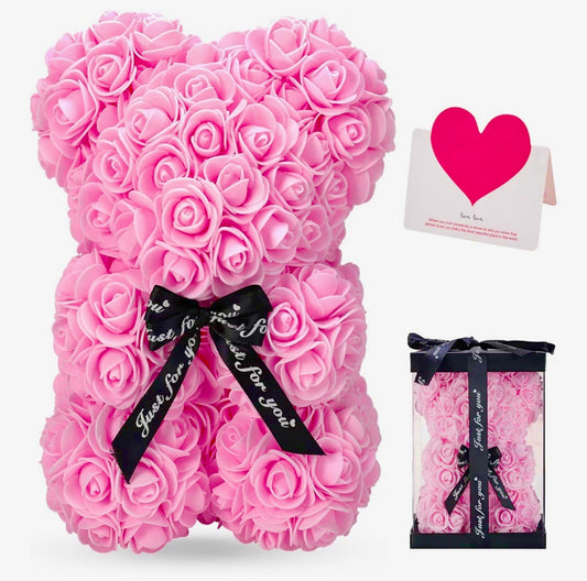 Rose Bear Teddy Made of Artificial Roses, 10 Inch Flower Bear Gift with Transparent Gift Box, Romantic Décor for Valentine’s Day, Wedding, Anniversary, Mother’s Day