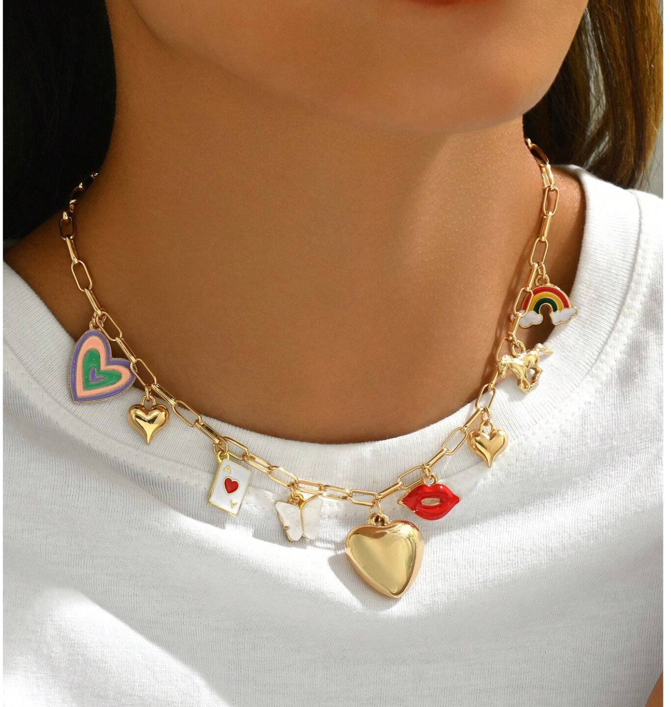 Gold Paperclip Chain Necklace with Cute Charms for Women, Teens and Girls