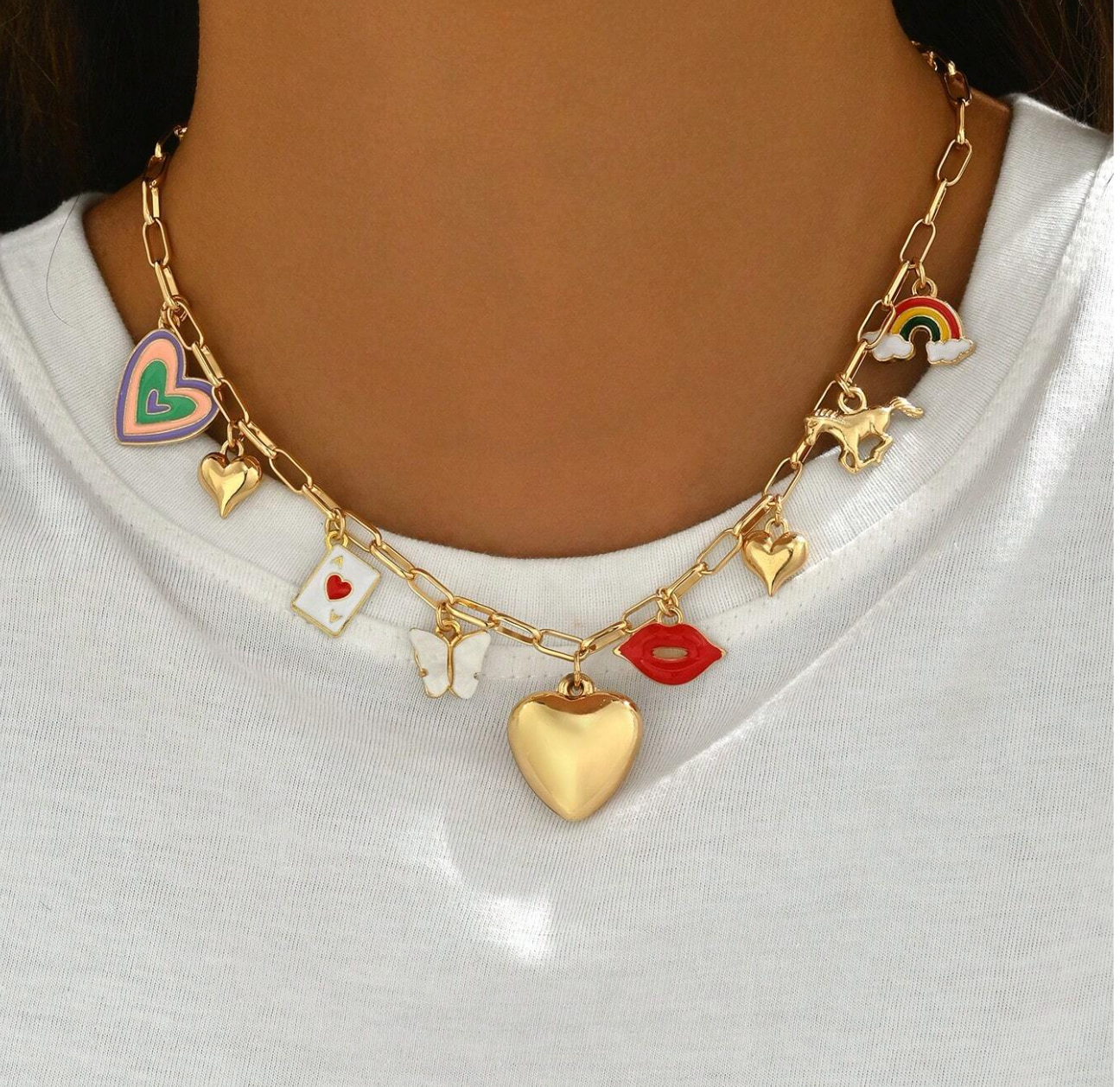 Gold Paperclip Chain Necklace with Cute Charms for Women, Teens and Girls