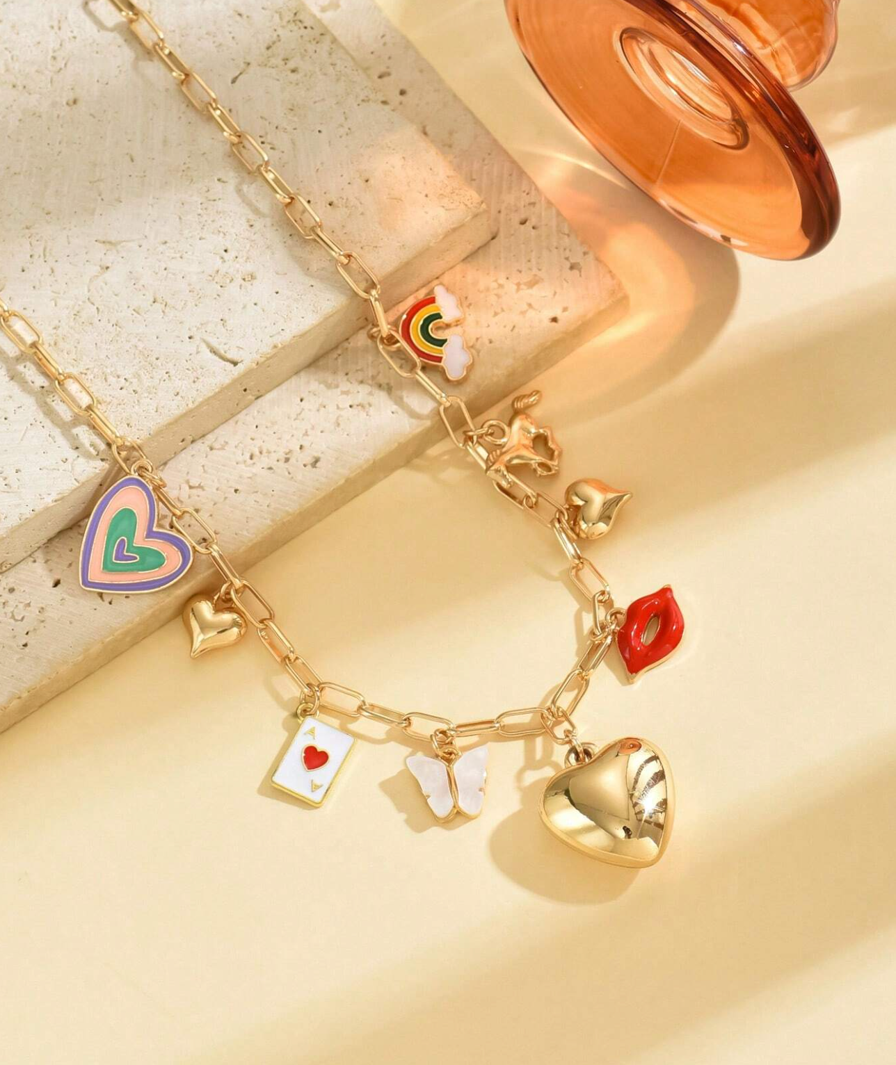 Gold Paperclip Chain Necklace with Cute Charms for Women, Teens and Girls