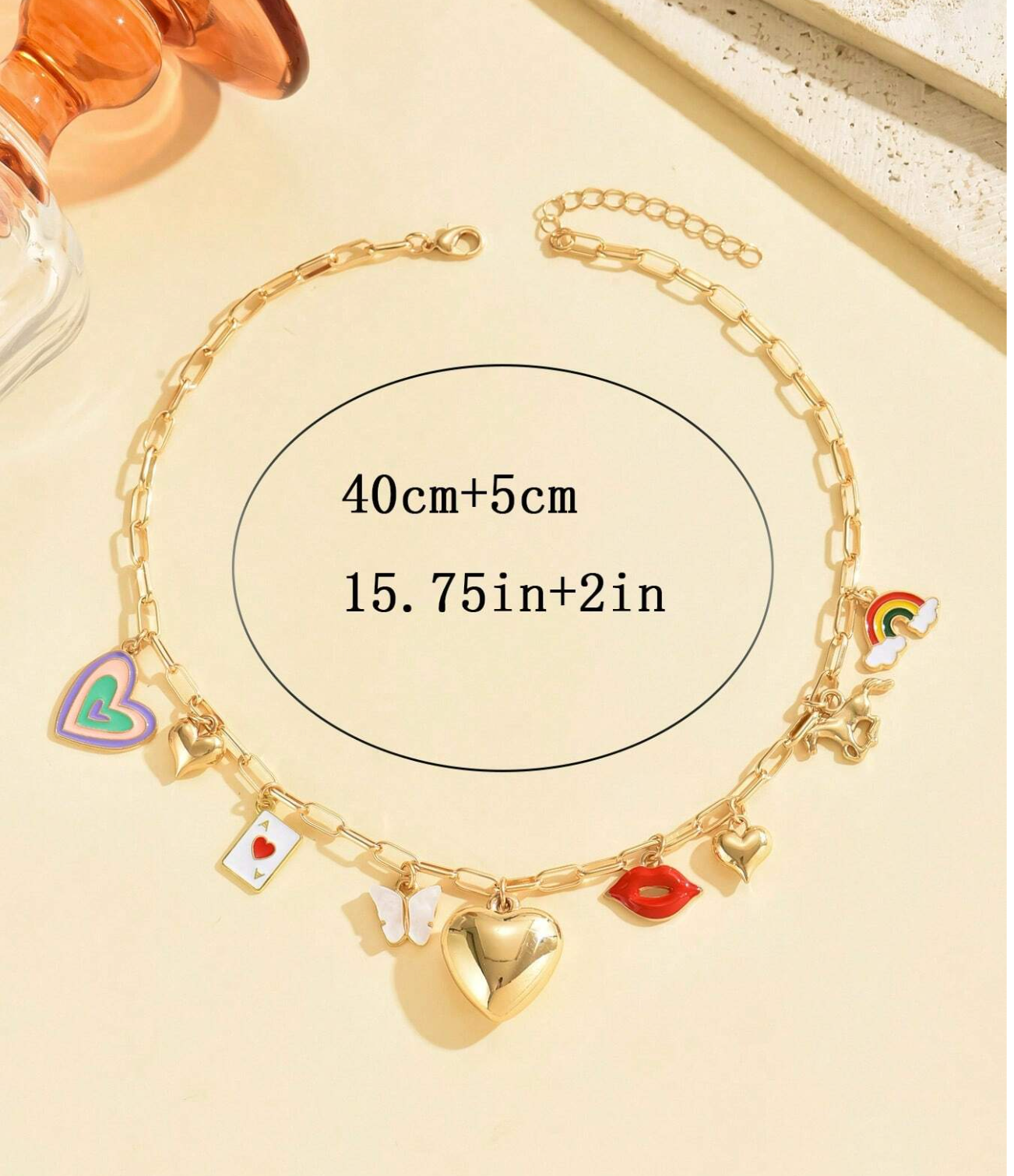 Gold Paperclip Chain Necklace with Cute Charms for Women, Teens and Girls