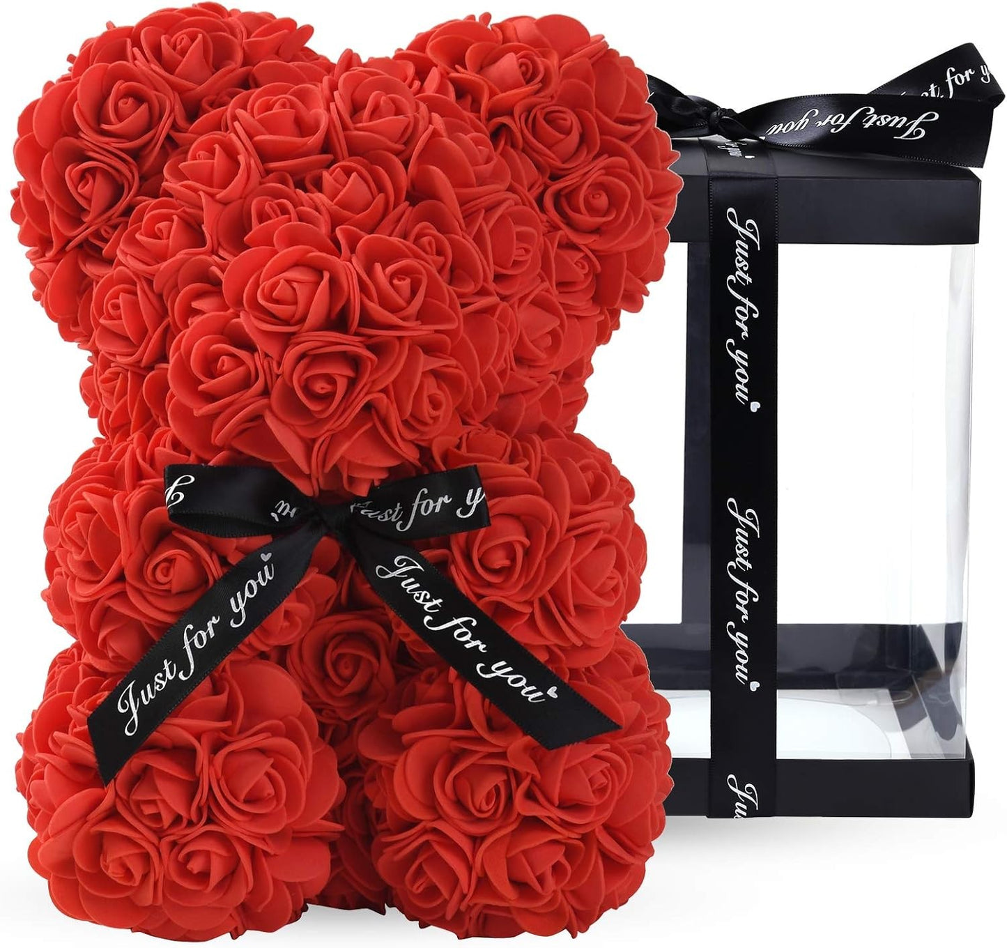 Rose Bear Teddy Made of Artificial Roses, 10 Inch Flower Bear Gift with Transparent Gift Box, Romantic Décor for Valentine’s Day, Wedding, Anniversary, Mother’s Day