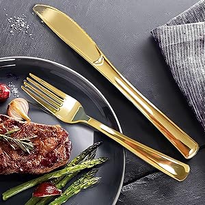Premium Gold Plastic Silverware Set, Heavy-Duty Disposable Flatware – BPA Free Forks, Knives & Spoons for Parties & Events