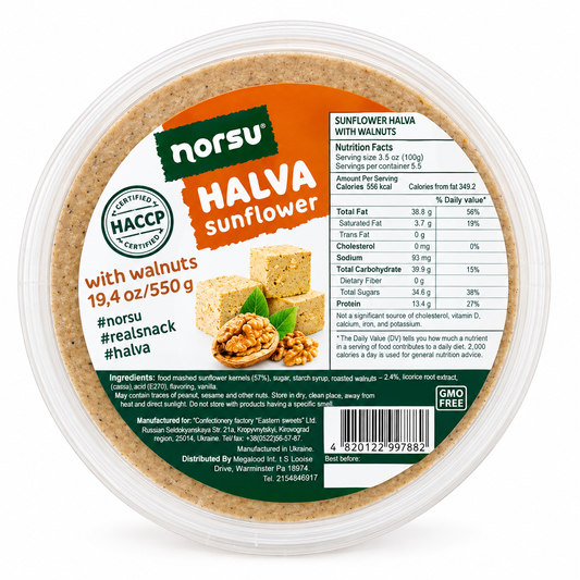 NORSU Sunflower Halva with Walnuts, Traditional Halvah Sweet Dessert with Nuts, 19.4 oz (550g)