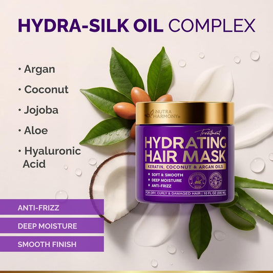 Keratin Hair Mask with Coconut & Argan Oils, Collagen & Wheat Protein - Smooths, Softens & Controls Frizz, Curl-Safe