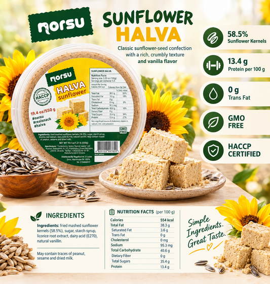 NORSU Sunflower Halva Vanilla 550g (19.4 oz) – Traditional Sunflower Seed Halva with Vanilla Flavor, Sweet Sesame-Free Style Snack, Ukrainian Confectionery