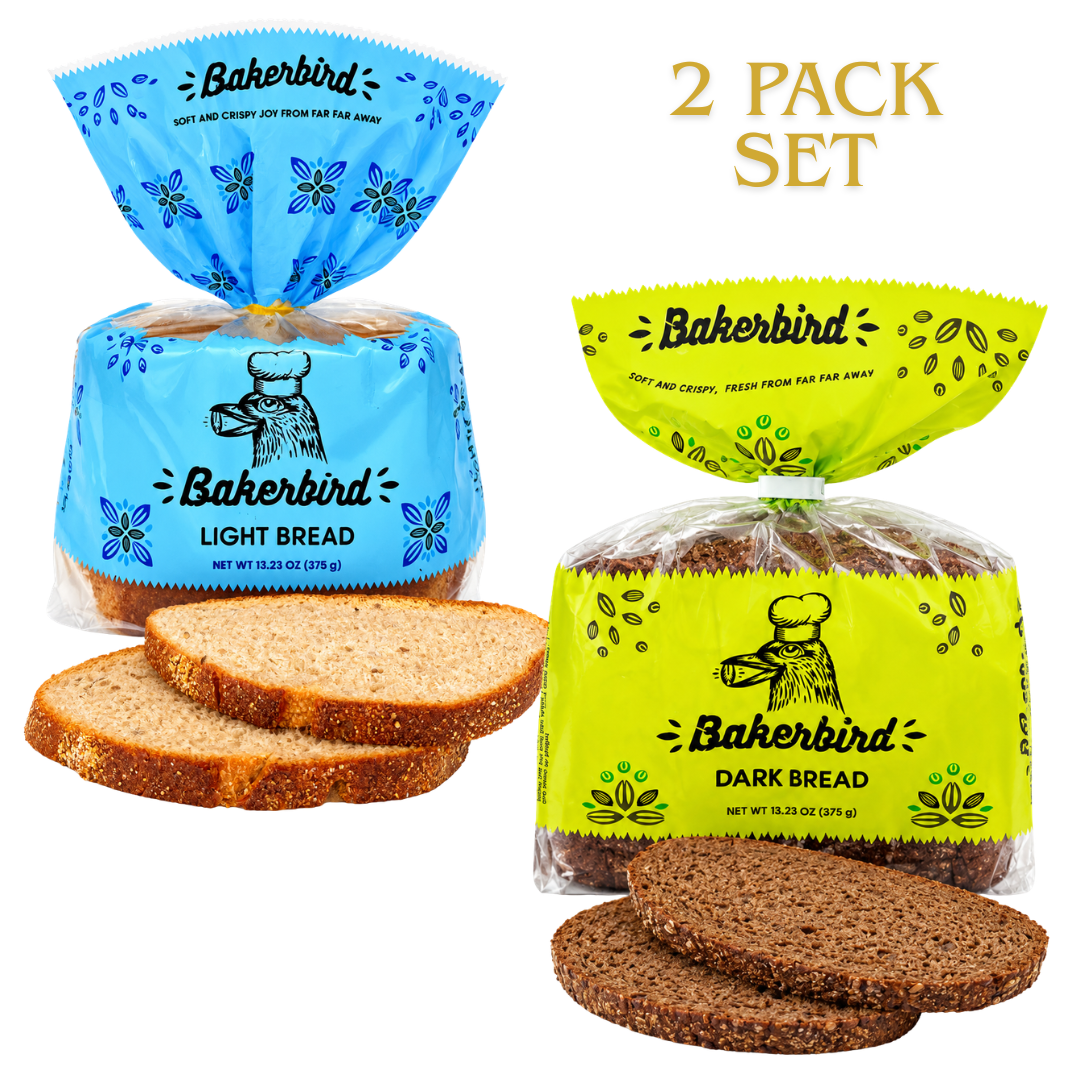 Bakerbird European Rye Bread Variety Set, Light Bread & Dark Bread, Lithuanian Style, Soft & Moist, Rye Malt & Caraway Seeds, 13.23 oz Each (Copy)