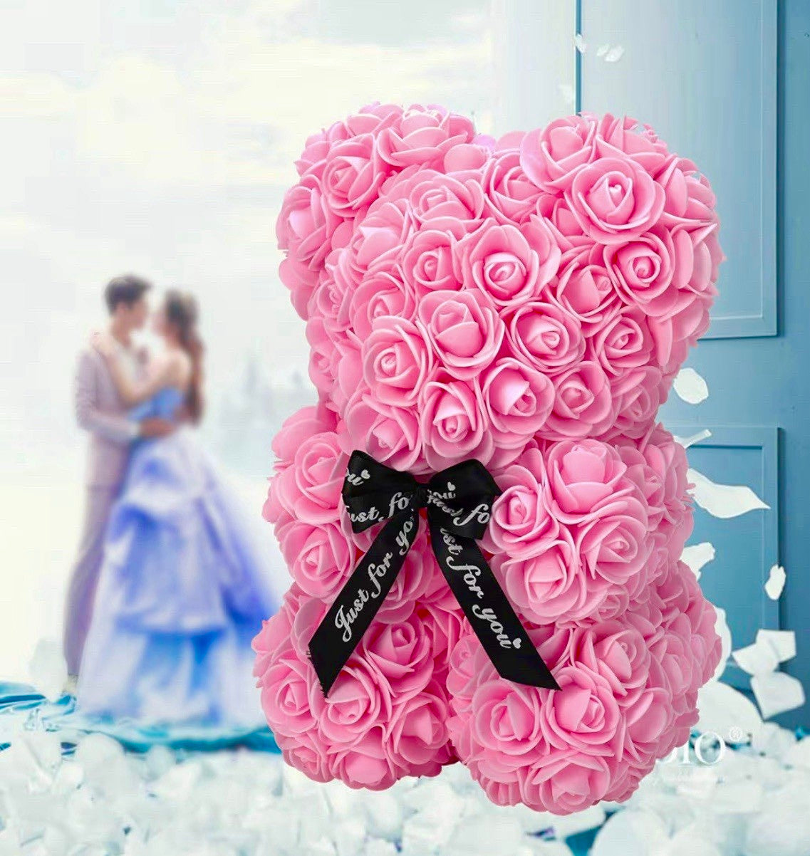 Rose Bear Teddy Made of Artificial Roses, 10 Inch Flower Bear Gift with Transparent Gift Box, Romantic Décor for Valentine’s Day, Wedding, Anniversary, Mother’s Day