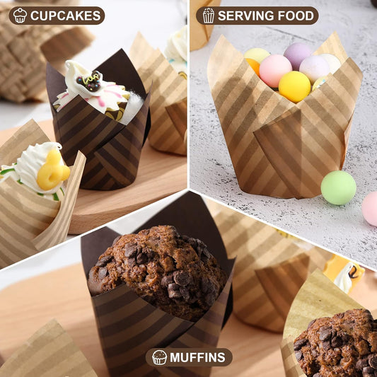 150PCS Tulip Cupcake Liners, Greaseproof Muffin Baking Cups, Heat Resistant Paper Wrappers for Cupcakes & Muffins, Standard Size Baking Liners for Parties & Home Baking