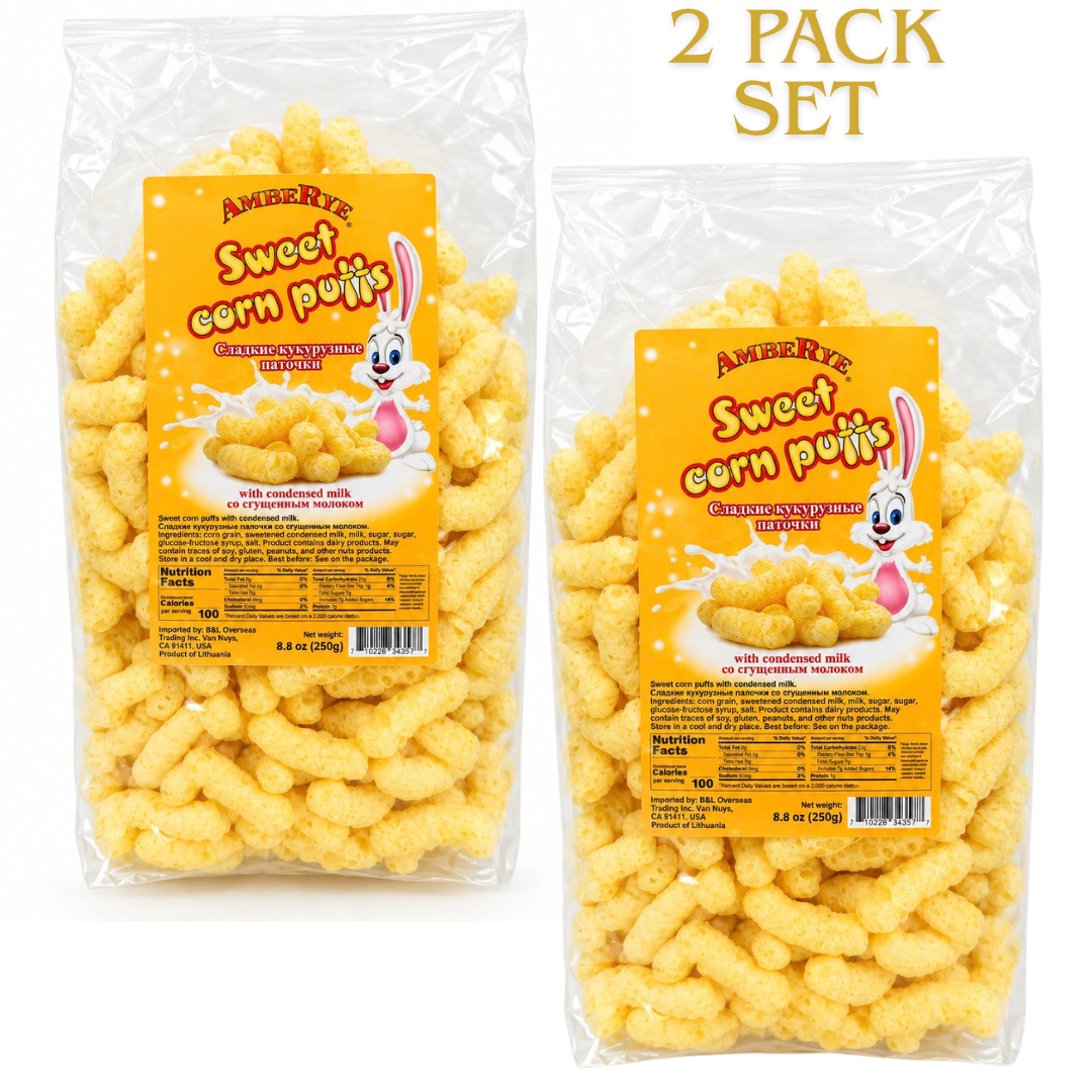AMBERYE Sweet Corn Puffs with Condensed Milk, Sweet Puffed Corn Snack, Lithuanian Snack, 8.8 oz (250 g)