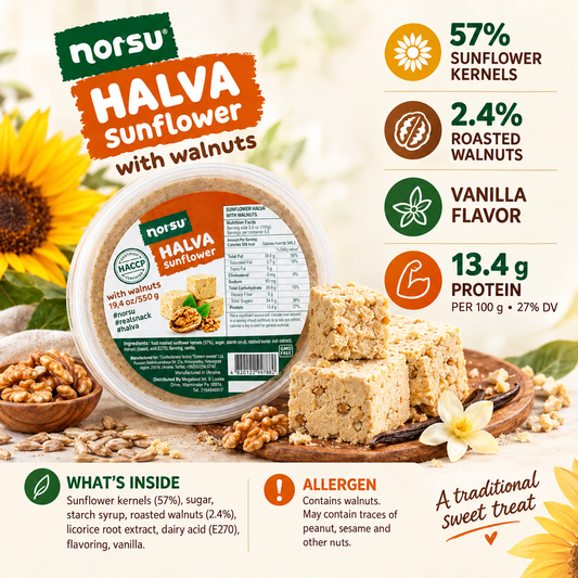 NORSU Sunflower Halva with Walnuts, Traditional Halvah Sweet Dessert with Nuts, 19.4 oz (550g)