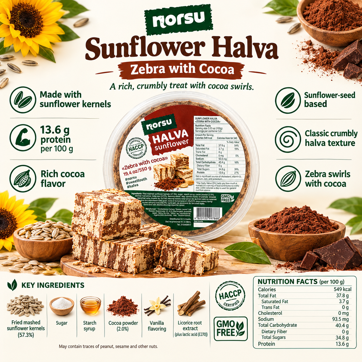 NORSU Sunflower Halva Zebra with Cocoa 550g (19.4 oz) – Traditional Sunflower Seed Halva with Cocoa, Chocolate Flavor, Eastern European Sweet Confection