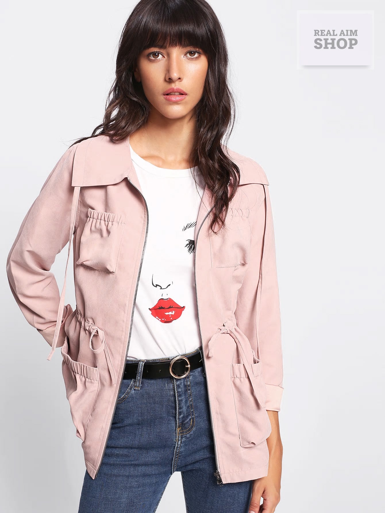 Pale Pink Zipper Long Sleeve Jacket