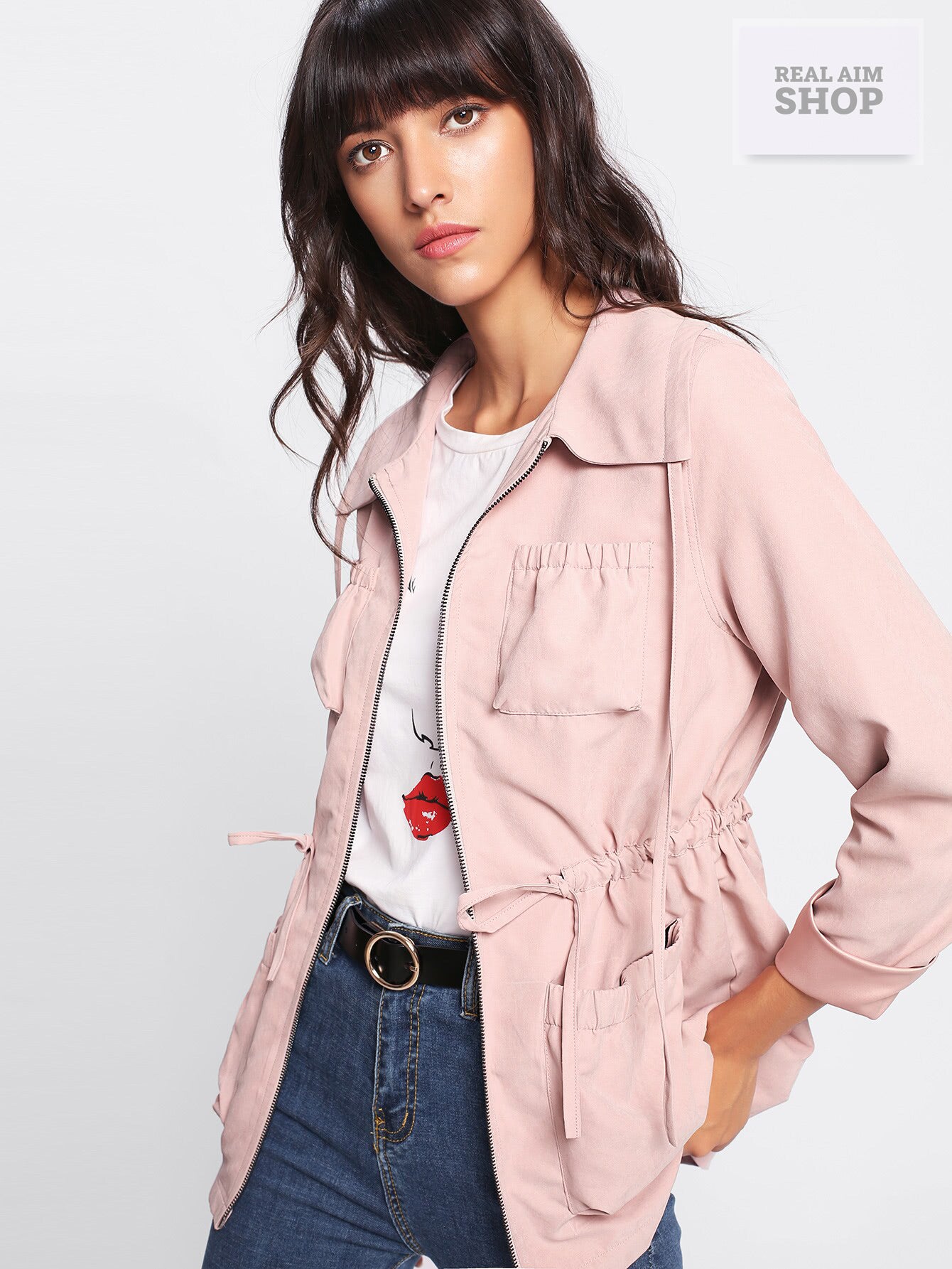 Pale Pink Zipper Long Sleeve Jacket