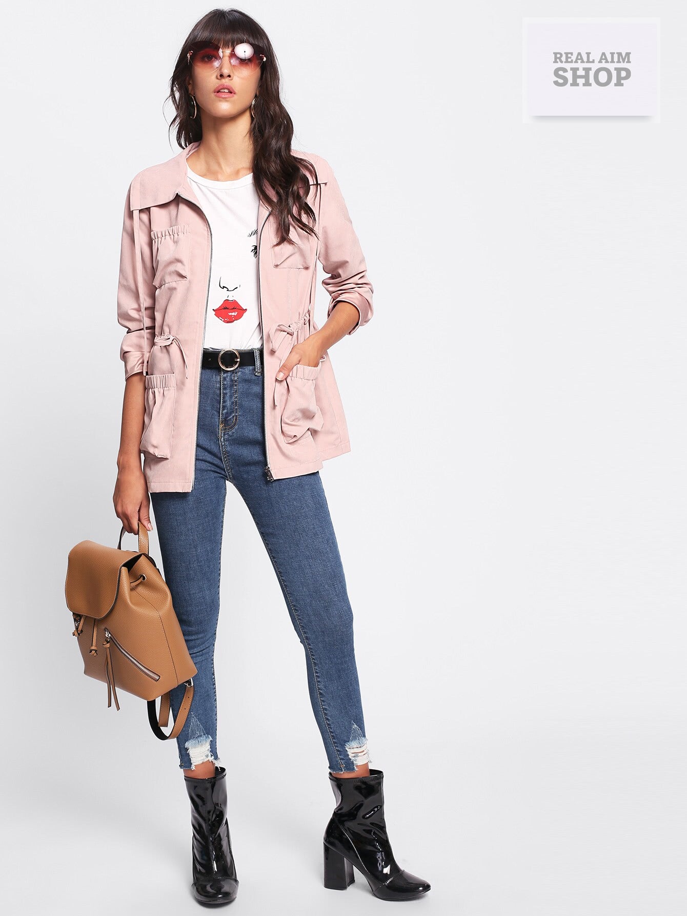 Pale Pink Zipper Long Sleeve Jacket