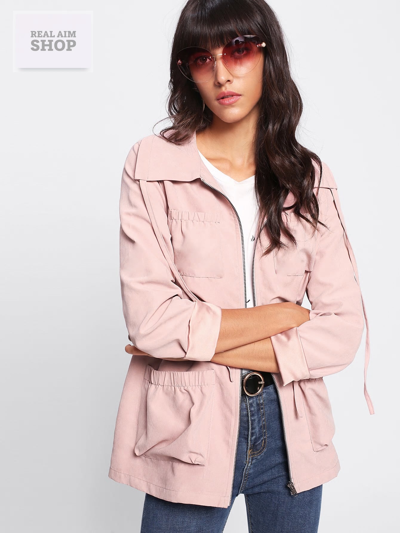 Pale Pink Zipper Long Sleeve Jacket