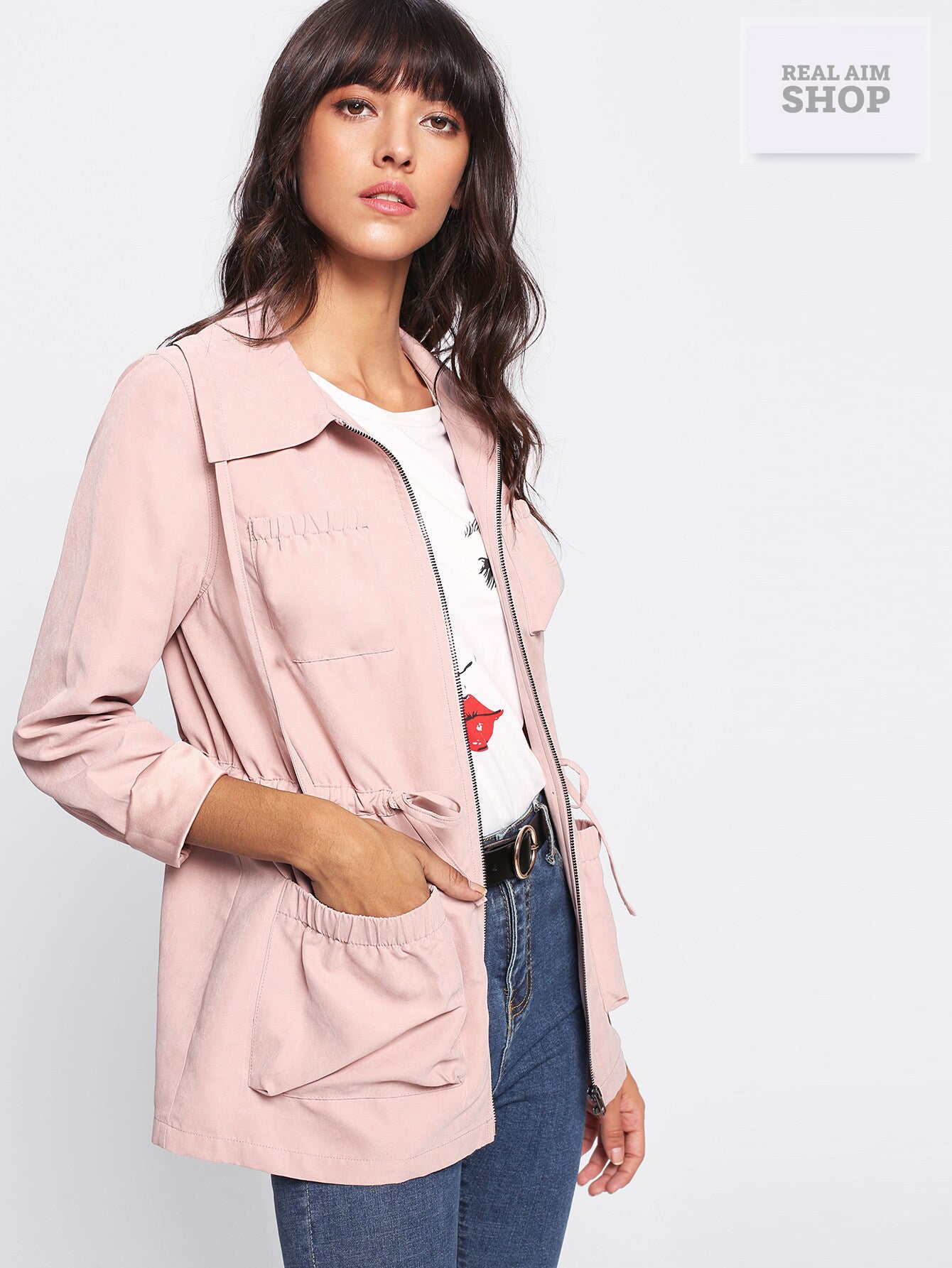 Pale Pink Zipper Long Sleeve Jacket