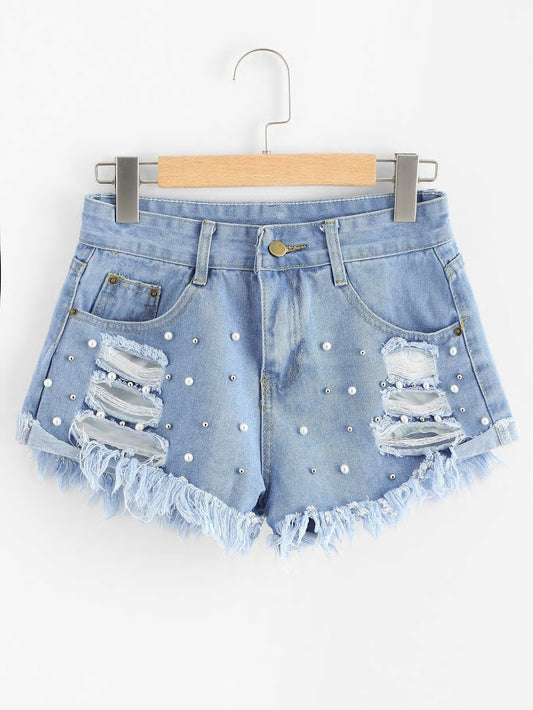 Light Blue Ripped Denim Shorts with Pearls