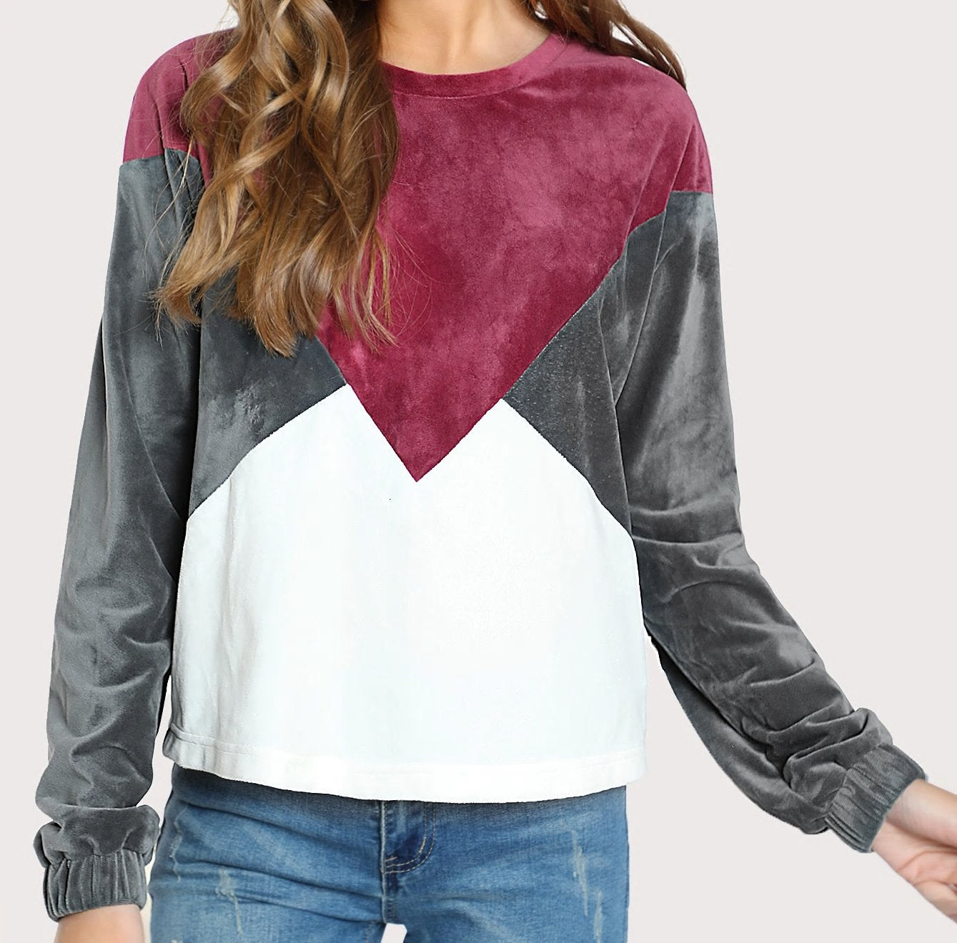 Pink, Grey, and White Velvet Color Block Sweater for Women