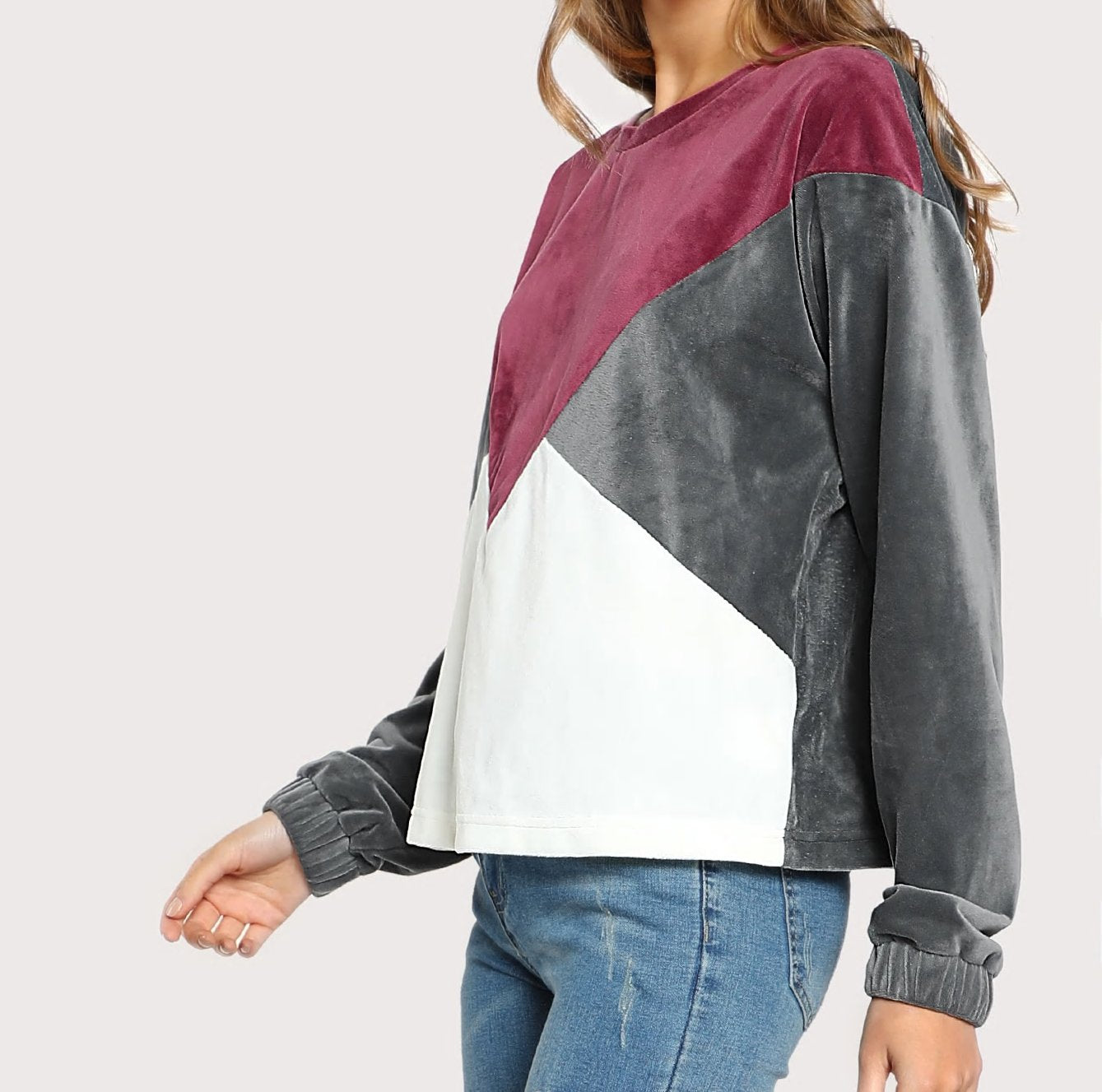 Pink, Grey, and White Velvet Color Block Sweater for Women