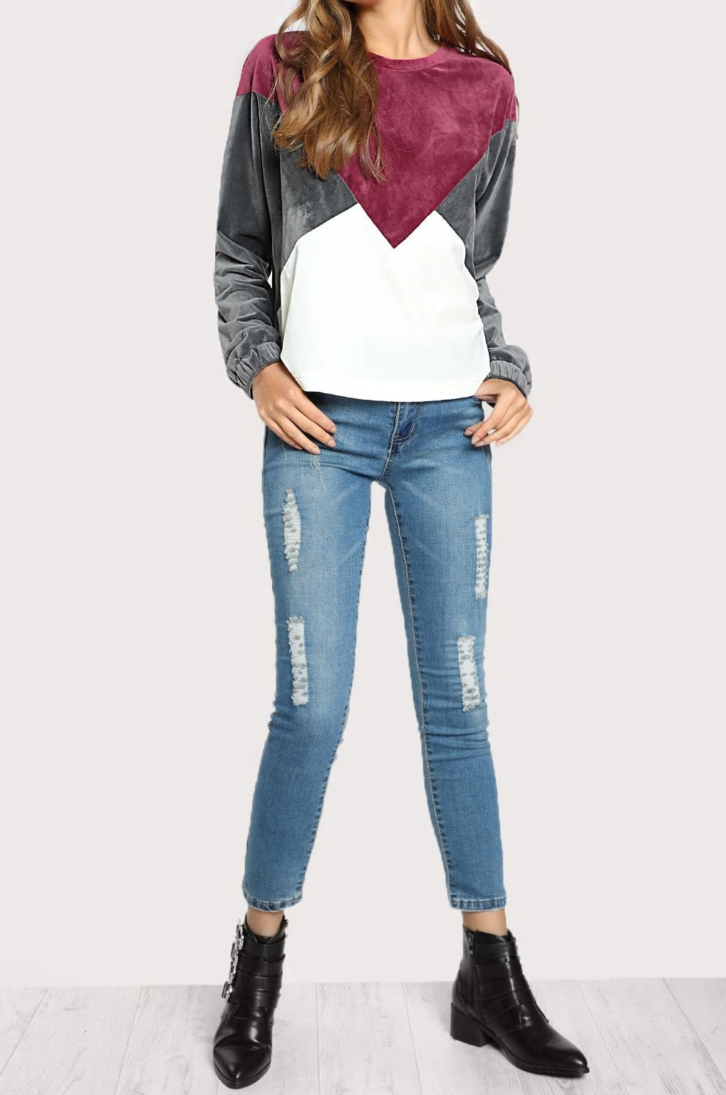 Pink, Grey, and White Velvet Color Block Sweater for Women