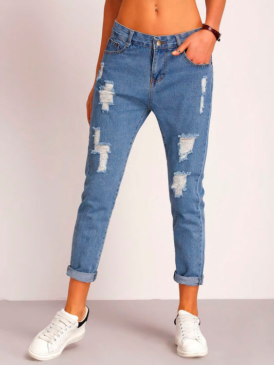 Mid-Rise Boyfriend Style Ripped Jeans