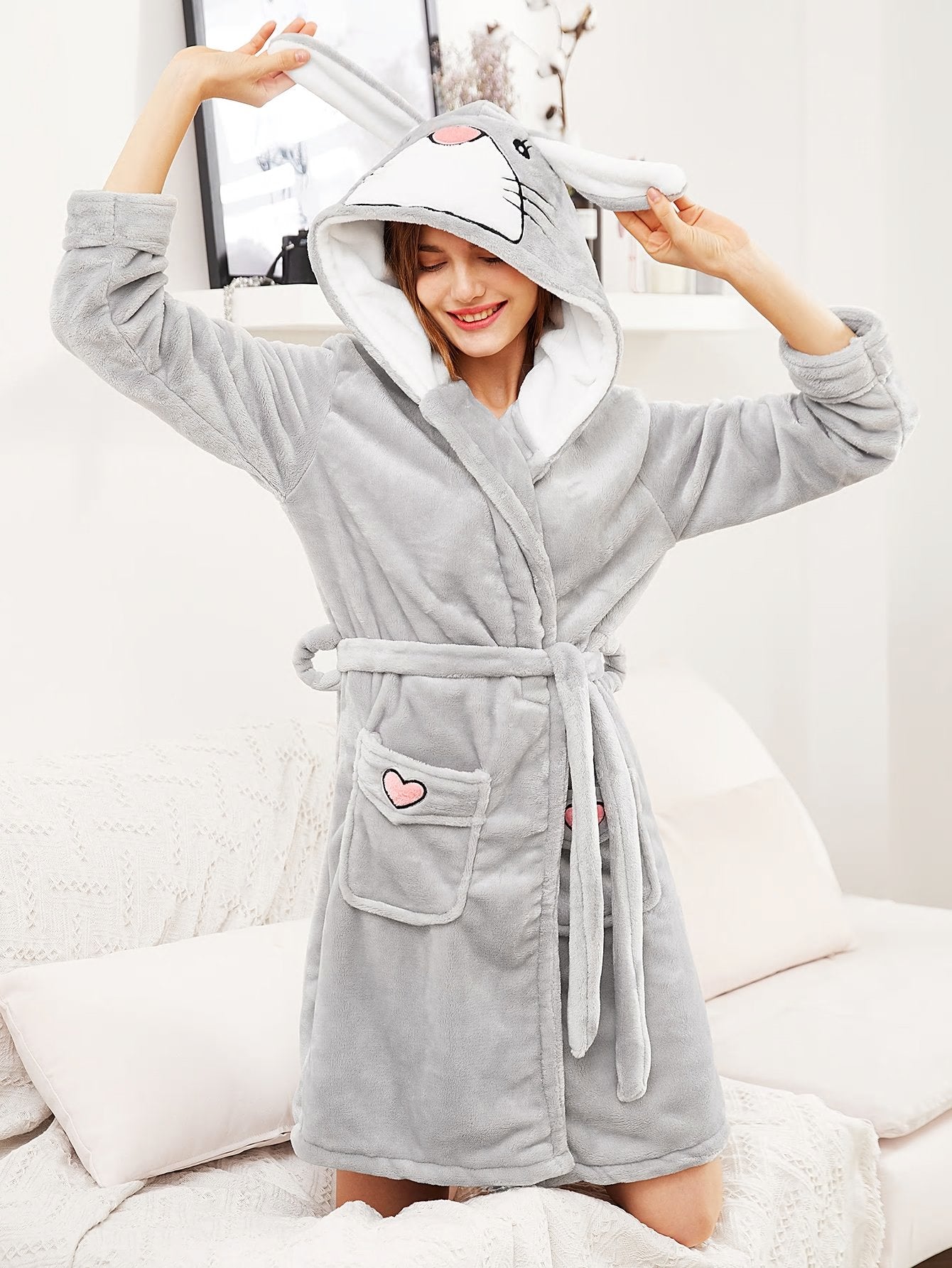 Cozy Grey Funny Bunny Ears Hoodie Robe: Cute & Comfortable Cuddle Wear with a belt