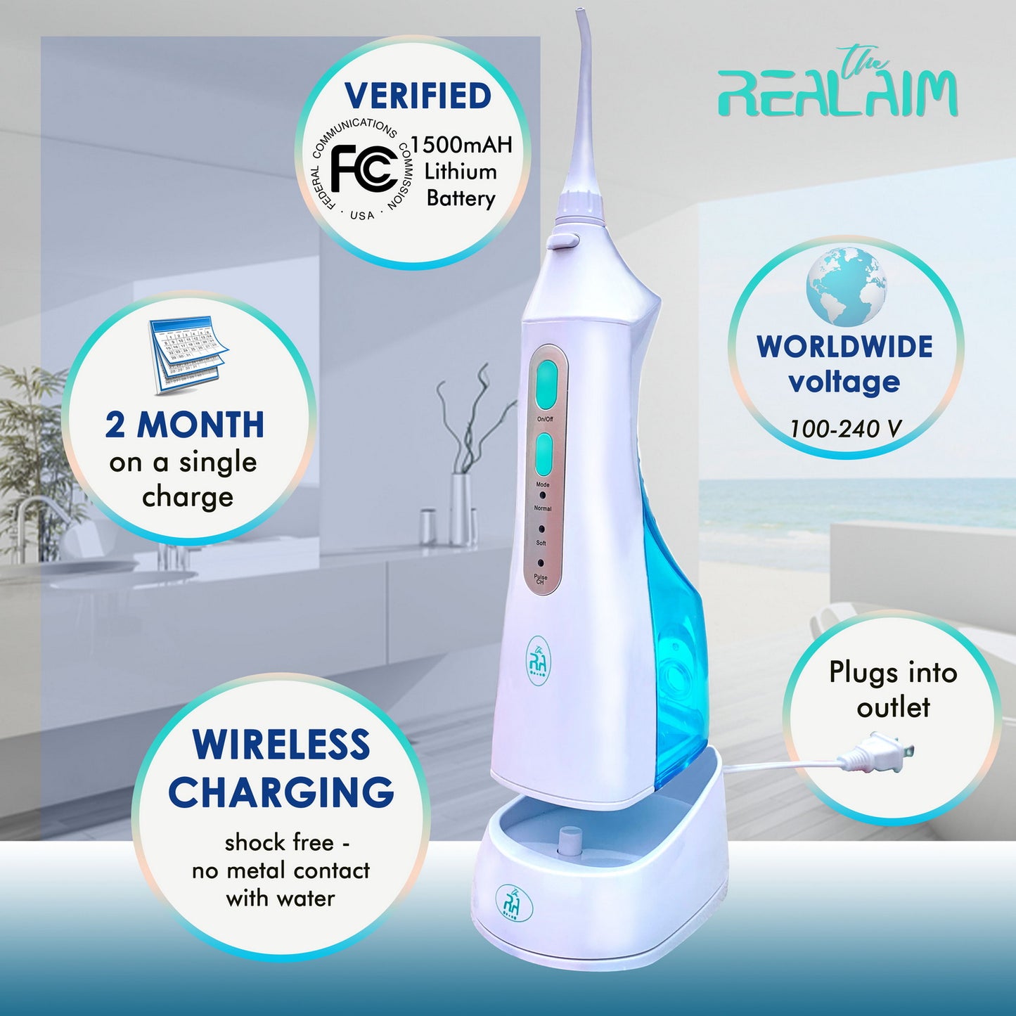 The Real Aim Cordless Rechargeable Water Flosser for teeth cleaning and gum massage, Oral irrigator for brace care