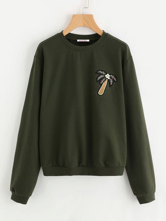 Green Sweatshirt with Palm Embroidery