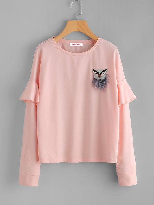 Pink Sweatshirt with Faux Fur Owl Decoration