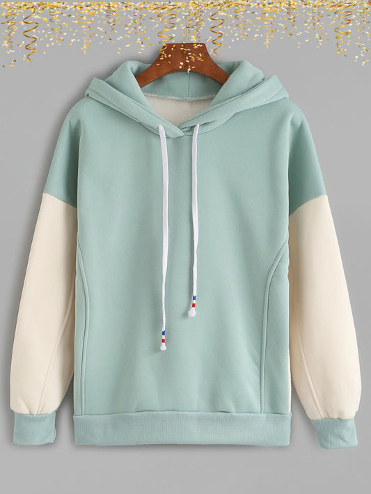Warm Mint and White Contrast Fleece Hoodie