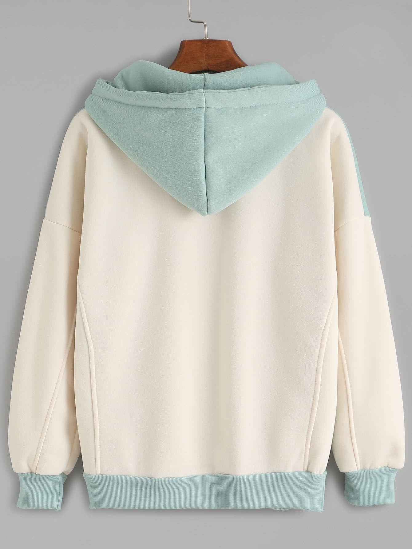 Warm Mint and White Contrast Fleece Hoodie