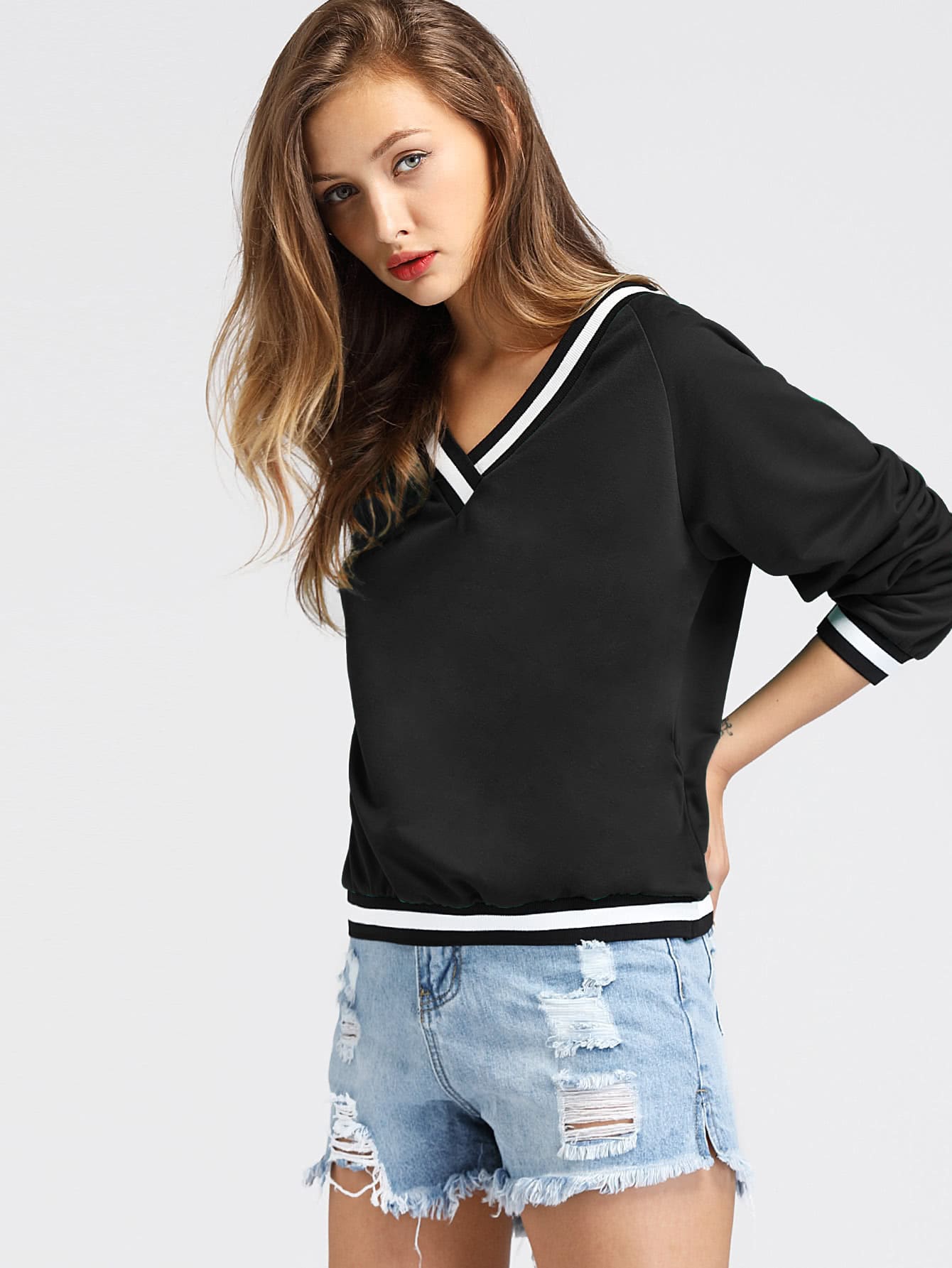 Black and White Striped V-Neck Pullover