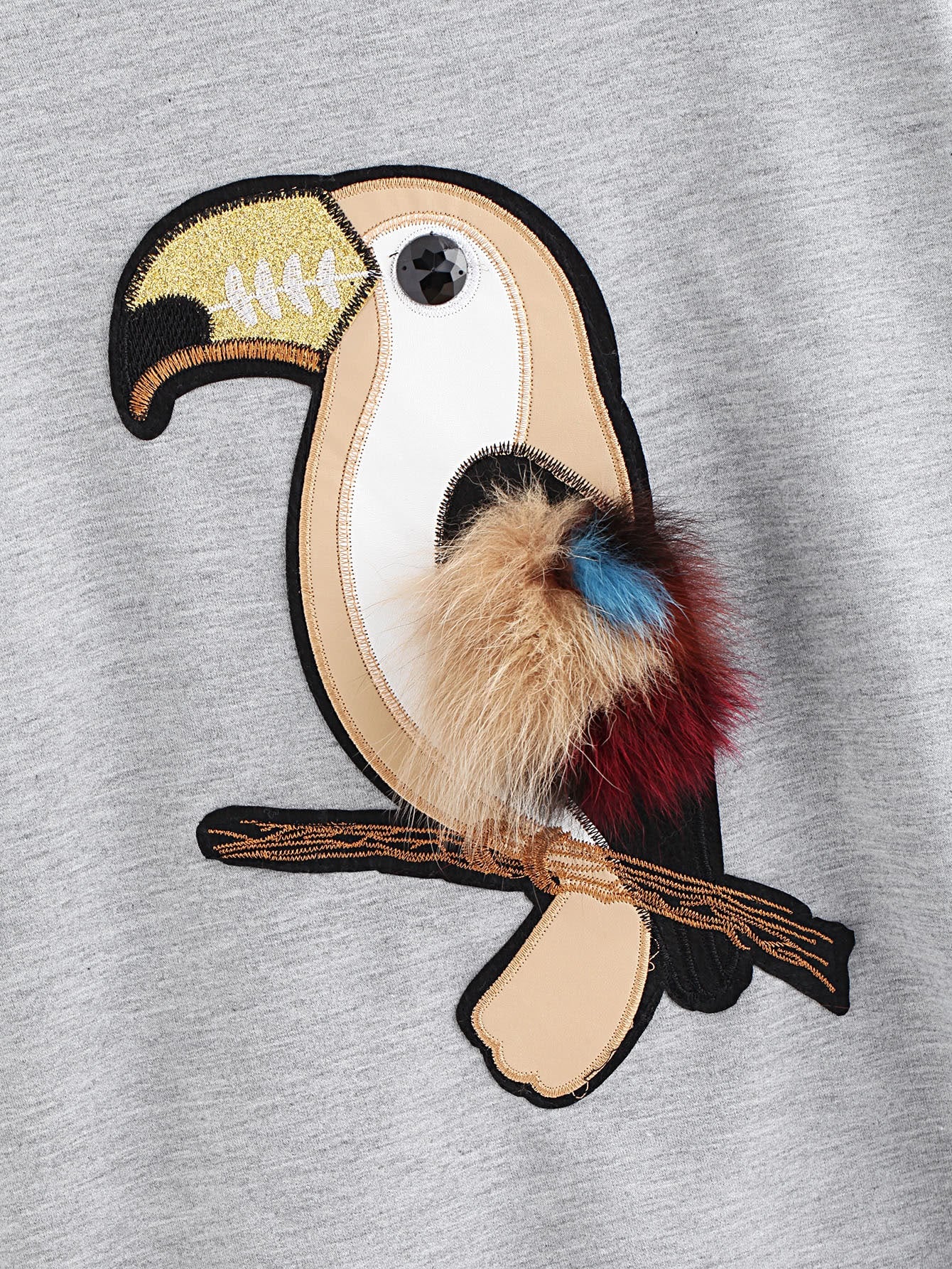 Grey Hooded Sweatshirt with Parrot Embroidery and Faux Fur Feathers